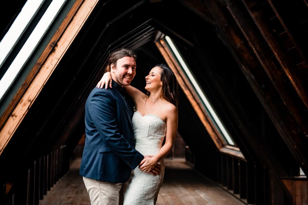 Bride and Groom during wedding photos at Montsalvat. Eltham, VIC