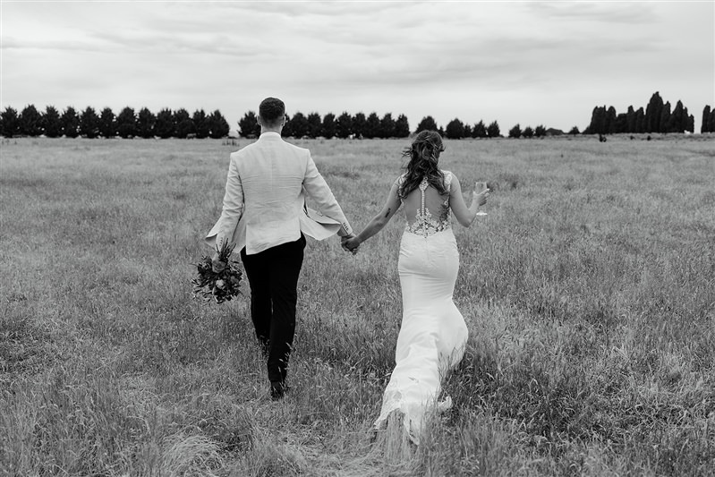 Black and white image of Bride and Groom walking through a paddock at Quirindi Stables