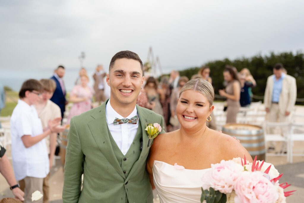 Newlyweds greeted by guests after their Jack Rabbit Vineyard ceremony