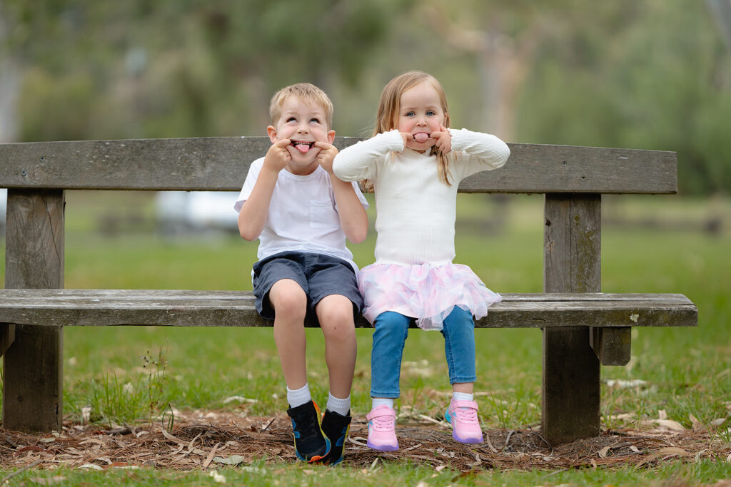 Ollie and Ivy playing on a bench at Balyang Sanctuary, Geelong