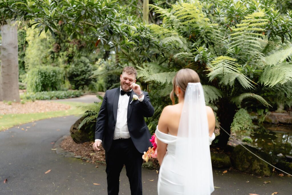 Bride and groom's real first look moment at Geelong Botanic Gardens wedding