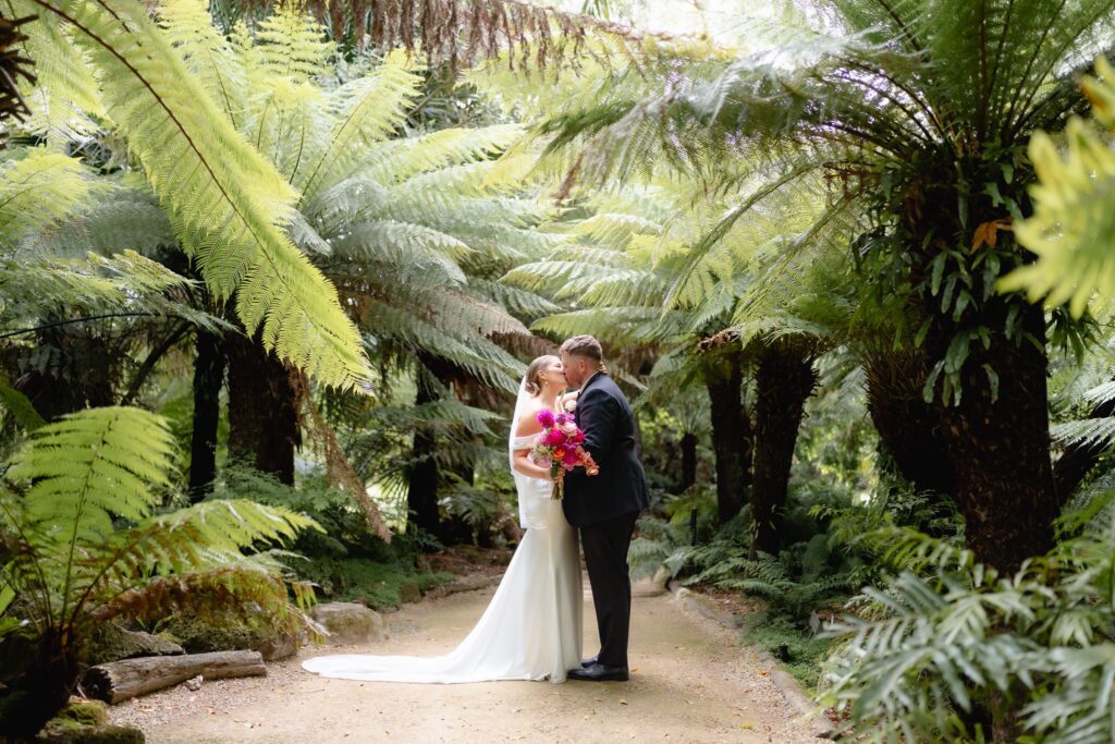 Bride and groom portrait among the ferns at Geelong Botanic Gardens wedding