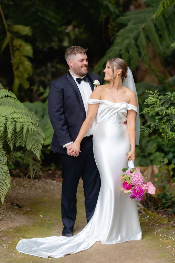 Full length garden portrait of bride and groom at Geelong Botanic Gardens wedding